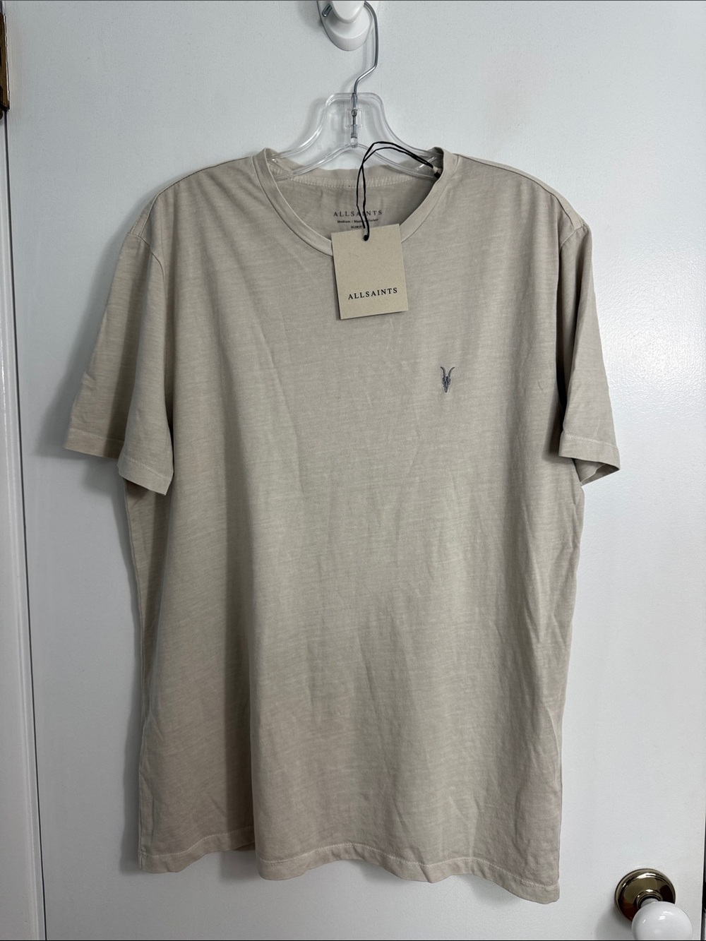 NWT AllSaints Ossage Short Sleeve Crew Neck Shirt Milky Gray Size Medium
